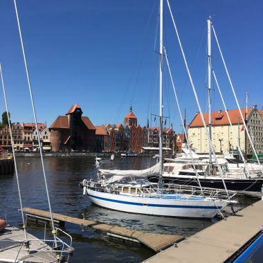 View on Main Town Gdansk with the wooden ship crane from across Motlawa river